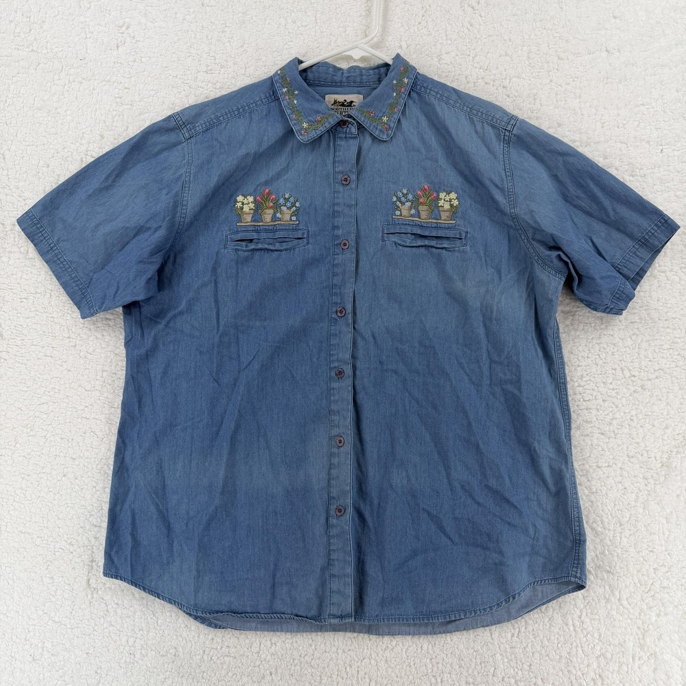 Northern Reflections Womens Large Blue Denim Embroidered Floral Garden Shirt